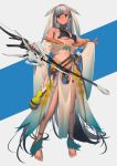  1girl anklet antlers barefoot bikini bow_(weapon) breasts bthx dark_skin detached_sleeves gourd green_eyes hair_ribbon hand_on_hip jewelry long_hair long_skirt navel quiver ribbon sideboob silver_hair skirt skull swimsuit tribal underboob weapon wide_sleeves 