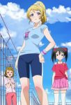  3girls absurdres ayase_eli bike_shorts black_hair blonde_hair blue_eyes blush closed_eyes clouds green_hair highres koizumi_hanayo love_live!_school_idol_project multiple_girls ponytail red_eyes rooftop screencap sky thigh-highs twintails yazawa_nico 