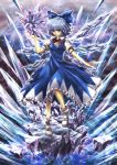  1girl blue_dress blue_eyes blue_hair bow cirno dress en-4598 hair_bow ice ice_crystal ice_wings puffy_sleeves shirt short_sleeves solo touhou wings 