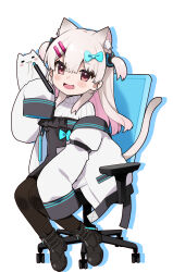  1girl :d animal_ear_fluff animal_ears black_boots black_dress black_pantyhose blue_bow boots bow cat_ears cat_girl cat_tail chair commentary_request covered_collarbone dress drop_shadow full_body grey_hair hair_bow hair_ornament hairclip hand_up highres holding holding_stylus indie_virtual_youtuber jacket long_hair long_sleeves multicolored_hair natsume_eri natsume_eri_(vtuber) off_shoulder office_chair on_chair open_clothes open_jacket pantyhose pink_hair ribbed_shirt shirt simple_background sleeves_past_wrists smile solo stylus swivel_chair tail two-tone_hair two_side_up virtual_youtuber white_background white_jacket white_shirt 
