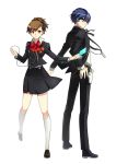  1boy 1girl arisato_minato blue_eyes blue_hair brown_hair digital_media_player female_protagonist_(persona_3) hair_ornament hairclip headphones persona persona_3 persona_3_portable red_eyes ron_(lovechro) school_uniform short_hair skirt smile white_background yuuki_makoto 