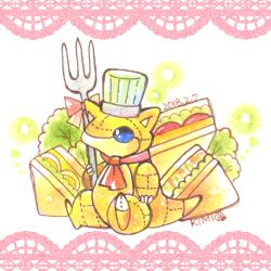  ascot blue_eyes chef_hat claws dated food fork greenaokimi hat holding holding_fork lettuce no_humans painting_(medium) pokemon pokemon_(creature) red_ascot sandshrew sandwich signature sitting traditional_media watercolor_(medium) 