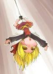  1girl blonde_hair bow breasts brown_dress dress hair_bow hanging_breasts highres kurodani_yamame long_sleeves open_mouth outstretched_arms shinapuu shirt solo touhou upside-down yellow_eyes 