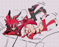  1boy 1girl alastor_(hazbin_hotel) blonde_hair charlie_morningstar colored_sclera commentary_request formal_clothes hazbin_hotel hellaverse highres long_hair lying noppo_(nopon) on_bed on_stomach red_eyes red_hair red_sclera red_suit short_hair smile suit yellow_sclera 