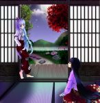  2girls akichiasu bamboo barefoot black_hair blue_hair bow clouds dress_shirt east_asian_architecture eye_contact floral_print flower fujiwara_no_mokou full_moon grey_eyes hair_bow hands_in_pockets head_tilt highres houraisan_kaguya japanese_clothes juliet_sleeves kikumon leaning long_hair long_sleeves looking_at_another maple_tree moon mountain multiple_girls night pants parted_lips path puffy_sleeves road rock shirt sitting sky sliding_doors smile star_(sky) starry_sky suspenders tatami touhou tree veranda very_long_hair wall wariza 