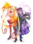  2girls amanohokosaka_mei bangs black_legwear blonde_hair blunt_bangs blush boots dress fire hair_ribbon hat japanese_clothes kunn03 kuon_gramred_shutleheim long_hair multiple_girls purple_hair ribbon school_uniform skirt skull twintails two_side_up violet_eyes xblaze_code:_embryo 