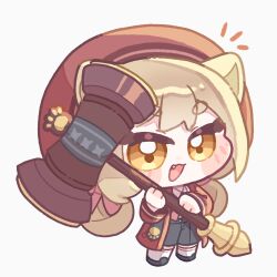  1girl :3 :d animal_ears beret black_shoes blonde_hair blue_shorts blush_stickers cat_ears cat_girl chibi chibi_only collared_shirt commentary_request double-parted_bangs fang full_body hammer hat highres holding holding_hammer jacket korean_commentary leone_(trickcal) long_hair long_sleeves open_clothes open_jacket open_mouth pogpagwaeng red_hat red_jacket shirt shoes shorts simple_background smile socks solo standing thick_eyebrows trickcal white_background white_shirt white_socks yellow_eyes 