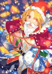  1boy :d bad_id bad_pixiv_id belt black_belt black_pants blonde_hair boots christmas_present commentary_request curtained_hair fake_beard fake_facial_hair fake_mustache feather-trimmed_capelet flower full_body fur-trimmed_boots fur-trimmed_gloves fur_trim gift gloves grey_boots hat highres holding holding_gift kitamura_motoyasu knee_boots male_focus medium_hair messy_hair minami_seira night official_artist_extra open_mouth outdoors pants red_eyes red_gloves rose santa_costume santa_hat sidelocks smile solo tate_no_yuusha_no_nariagari white_flower white_rose 