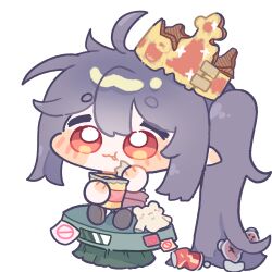  1girl :3 :t absurdly_long_hair ahoge bag_of_chips ball_hands blush_stickers brown_shoes can chibi chibi_only closed_mouth commentary_request controller crown double-parted_bangs drink_can eating fang fang_out full_body game_controller hair_between_eyes highres korean_commentary long_hair pogpagwaeng pointy_ears purple_hair red_eyes risty_(trickcal) shoes side_ponytail sidelocks simple_background sitting solo thick_eyebrows trickcal very_long_hair white_background 