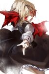  1girl ascot blonde_hair fangs hair_ribbon kozou_(soumuden) light_particles long_sleeves looking_at_viewer open_mouth outstretched_arms red_eyes ribbon rumia shirt skirt skirt_set smile solo touhou vest 