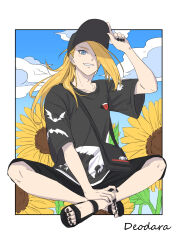  asymmetrical_bangs bag baseball_cap black_nails black_sandals black_shorts blonde_hair blue_eyes blush border character_name clouds cloudy_sky crossed_legs deidara_(naruto) flower grin hair_over_one_eye handbag hat hayamin35 high_ponytail highres long_hair male_focus naruto_(series) naruto_shippuuden official_alternate_costume ponytail sandals shorts sitting sky smile sunflower teeth typo white_border 