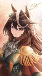  aiguillette animal_ears ascot breasts brown_hair buttons cape closed_mouth double-breasted epaulettes gloves green_jacket hair_between_eyes highres horse_ears horse_girl jacket jewelry long_hair long_sleeves looking_at_viewer medal medium_breasts multicolored_hair red_cape shirt side_cape single_epaulette smile starg_solun streaked_hair symboli_rudolf_(emperor's_path)_(umamusume) symboli_rudolf_(umamusume) umamusume violet_eyes white_ascot white_hair white_shirt 