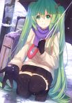  1girl gloves green_eyes green_hair hatsune_miku long_hair outstretched_arm rizky_(strated) scarf skirt smile snow snowing solo squatting thighhighs twintails umbrella very_long_hair vocaloid 