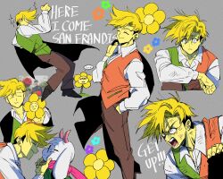  ... 2boys angry animal_ears black_cape blonde_hair brown_pants cape closed_eyes collared_shirt commentary_request deltarune english_text flower flowery_(deltarune) goat_boy goat_ears grabbing_another's_chin green_vest grey_background hand_in_pocket hand_on_another's_chin highres holding holding_unworn_cape holding_unworn_clothes horns korean_commentary living_(nsiring) long_sleeves multiple_boys multiple_views orange_vest pants pink_horns pink_scarf ralsei scarf shirt short_hair spoken_ellipsis two-tone_vest unworn_cape utdr_(toby_fox) very_short_hair vest white_shirt yellow_eyes yellow_flower 