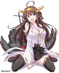  1girl :d ahoge bare_shoulders blush boots brown_hair detached_sleeves double_bun hair_ornament hairband headgear japanese_clothes kantai_collection kongou_(kantai_collection) long_hair nontraditional_miko open_mouth personification pleated_skirt skirt smile solo thigh_boots thighhighs tomokichi zettai_ryouiki 