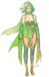  1girl breasts cape detached_sleeves final_fantasy final_fantasy_iv green green_eyes green_hair green_legwear green_lipstick hair_ornament lipstick makeup robert_porter rough rydia sash short_hair signature solo thighhighs white_background 