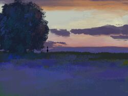  1girl bangqiao_yan brush_stroke clouds cloudy_sky commentary_request dusk field highres horizon multicolored_sky original outdoors scenery sky solo standing tree very_wide_shot 
