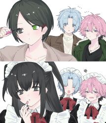  3boys applying_makeup black_hair blue_eyes blue_hair blush bow bowtie contact_lens crossdressing crossdressing_(mtf) ear_piercing flustered green_eyes grey_eyes hair_ornament hairclip highres jacket jewelry lipstick long_hair maid maid_headdress makeup mascara mole mole_under_eye morichika_haruki multicolored_hair multiple_boys necklace open_clothes open_jacket parka parted_bangs piercing pink_hair red_bow sekai_metsubou_kyouyuu_gensou_mamiya short_hair short_twintails suanle111 suou_keito surprised sweatdrop sweater toujou_minato turtleneck turtleneck_sweater twintails violet_eyes white_background wig 