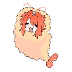  1girl :3 :d ahoge antennae bangs bug chibi closed_eyes eyebags female fried indie_virtual_youtuber long_bangs open_mouth orange_hair original original_character pale_skin pixel_art short_hair shrimp simple_background solo tail tempura tired 