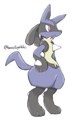  1other :< absurdres animal_ears animal_feet animal_hands artist_name black_fur blue_fur body_fur boroibyakko closed_mouth commentary from_side full_body furry hand_on_own_hip highres lucario multicolored_fur other_focus pokemon pokemon_(creature) red_eyes signature simple_background snout solo spikes standing tail twitter_username white_background wolf_ears wolf_tail yellow_fur 