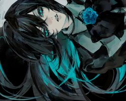  1girl ado_(utaite) black_bow black_bowtie black_coat black_hair blue_eyes blue_flower blue_hair blue_rose bow bowtie clenched_teeth coat colored_inner_hair duplicate flower hair_dye leaning_to_the_side long_hair long_sleeves looking_at_viewer mivvv mole mole_under_eye multicolored_hair neck_flower open_mouth painting_(medium) pixel-perfect_duplicate portrait procreate_(medium) rose shirt sidelocks sideways solo teeth traditional_media upper_body utaite white_background white_shirt 