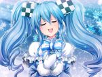  1girl blue_hair bow closed_eyes earmuffs hands_on_own_chest hatsune_miku head_tilt ism_(inc) long_hair maid mittens open_mouth singing snowflakes solo twintails vocaloid yuki_miku 