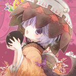  1girl biyon bowl hat japanese_clothes kijin_seija kimono long_sleeves open_mouth purple_hair shinmyoumaru_sukuna solo touhou violet_eyes wide_sleeves 