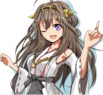  1girl absurdres armpits brown_hair detached_sleeves hair_ornament highres japanese_clothes kantai_collection kongou_(kantai_collection) long_hair long_sleeves looking_at_viewer miko open_mouth personification sash simple_background smile solo velia very_long_hair violet_eyes white_background wide_sleeves wink 