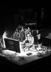  absurdres animal_ears can chair computer dark_background gaming_chair highres horse_ears horse_girl instant_cup_noodles instant_noodles messy_room monitor on_chair rulership_(umamusume) shadow swivel_chair thebagelchan umamusume wire 