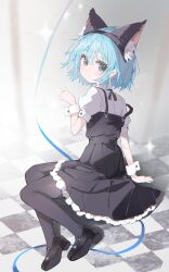  1girl :o alternate_costume animal_ear_fluff animal_ear_hairband animal_ears black_dress black_pantyhose black_ribbon black_shoes blue_eyes blue_hair blue_ribbon buckle buttons cat_ear_hairband cat_ears checkered_floor clenched_hand collared_shirt dot_nose dress enmaided expressionless eyelashes fake_animal_ears frilled_dress frills from_behind full_body grey_background hair_between_eyes hairband hand_on_ground high_collar highres indoors lace_ribbon light_blush light_particles looking_at_viewer looking_back mahou_shoujo_madoka_magica mahou_shoujo_madoka_magica_(anime) maid mary_janes medium_dress miki_sayaka neck_ribbon on_floor pantyhose parted_lips pleated_dress ribbon shadow shirt shoes short_hair single_paw_pose sitting sleeveless sleeveless_dress solo sparkle strap_slip tareme white_shirt white_wrist_cuffs wrist_cuffs yokozuwari youmeng33 