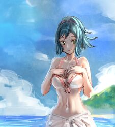  1girl bikini_top blue_hair bow_(bhp) breasts cleavage green_eyes gundam gundam_build_fighters highres iori_rinko navel ponytail rough scrunchie solo swimsuit water 