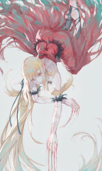  1girl absurdres bare_shoulders black_thighhighs blonde_hair blood blood_on_hand dress highres kiss-shot_acerola-orion_heart-under-blade long_hair looking_at_viewer monogatari_(series) oshino_shinobu pointy_ears red_dress simple_background suikagcy thigh-highs torn_clothes vampire very_long_hair 