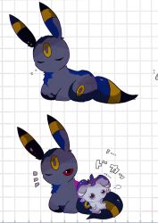  black_eyes closed_eyes colored_sclera commentary_request espurr highres lying mendako_(tyatyaumai29) no_humans one_eye_closed pokemon pokemon_(creature) pokemon_focus purple_sclera red_sclera sleeping umbreon violet_eyes zzz 