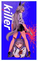  2girls absurdres ahoge animal_ears between_legs black_skirt blue_eyes blue_hairband blue_sailor_collar bow closed_mouth dog_for_amami ear_covers ear_ornament grey_hair grey_tail gun hair_between_eyes hair_ornament hairband headband high_heels highres holding holding_gun holding_weapon horse_ears horse_girl horse_tail long_hair long_sleeves multicolored_hair multicolored_hairband multiple_girls oguri_cap_(umamusume) photo-referenced red_bow red_headband sailor_collar school_uniform shirt skirt striped_clothes striped_hairband tail tamamo_cross_(umamusume) two-tone_hairband umamusume weapon white_shirt 