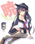  age_progression akatsuki_(kantai_collection) black_hair blush_stickers bra hat highres kantai_collection long_hair looking_at_viewer multiple_girls panties partially_undressed personification pleated_skirt revision school_uniform serafuku shoe_dangle single_shoe skirt take_(office-t) thighhighs underwear very_long_hair violet_eyes zettai_ryouiki ||_|| 