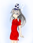  1girl :o ? alternate_costume china_dress chinese_clothes gradient gradient_background grey_eyes hat looking_at_viewer mononobe_no_futo oogi_(nolezzi) ponytail short_hair silver_hair simple_background solo tate_eboshi touhou 