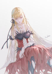  1girl absurdres bare_shoulders black_thighhighs blonde_hair breasts closed_mouth dress elbow_gloves gloves highres kiss-shot_acerola-orion_heart-under-blade large_breasts long_hair looking_at_viewer monogatari_(series) oshino_shinobu pointy_ears red_dress simple_background sitting suikagcy thigh-highs torn_clothes torn_thighhighs vampire very_long_hair white_background yellow_eyes 