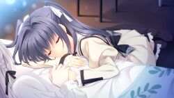  1boy 1girl absurdres arm_pillow back_bow bed black_bow black_pantyhose blue_hair bow double_bow floor frilled_skirt frilled_sleeves frills game_asset grabbing_another's_hand grey_bow grey_hair highres indoors juliet_sleeves kokura_asahi_(tsuki_ni_yorisou_otome_no_sahou_2) long_hair long_sleeves lying non-web_source on_bed pantyhose parted_lips plaid_bow puffy_sleeves sailor_collar sakurakouji_atre sakurakouji_saika school_uniform self-datamine shirt sitting skirt sleeping suzuhira_hiro trap tsuki_ni_yorisou_otome_no_sahou_2 two_side_up white_sailor_collar white_shirt yokozuwari 