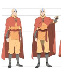 1boy aang arm_up arrow_(symbol) arrow_tattoo avatar_aang:_the_last_airbender avatar_legends bald blue_tattoo concept_art forehead_tattoo full_body highres jewelry kihyun_ryu monk multiple_views necklace official_art orange_robe pants production_art reference_sheet robe simple_background tattoo white_background yellow_pants 