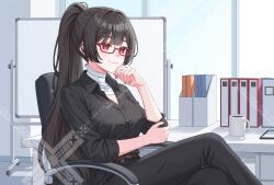  1girl bandages black_hair chair glasses highres indie_virtual_youtuber long_hair masimasumimasi office office_chair office_lady red_eyes red_nails sitting swivel_chair tsujima_chiyome vampire virtual_youtuber 
