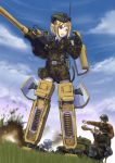  1girl 2boys absurdres animal_ears battle belt blonde_hair blurry camouflage cat_ears cat_tail caterpillar_tracks clouds condensation_trail depth_of_field erica_(naze1940) explosion garrison_cap gloves grey_eyes hat helmet highres mecha_musume military military_uniform military_vehicle multiple_boys neuroi original panzerfaust pointing radio ribbon short_hair sky smoke strike_witches t-34 tail tank uniform vehicle war weapon 
