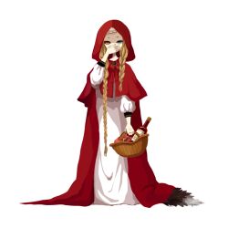  1girl basket blue_eyes bottle braid brooch brown_hair cloak commentary_request covering_own_mouth dress food full_body hand_over_own_mouth hand_up heterochromia holding holding_basket hood hood_up hooded_cloak jewelry little_red_riding_hood_(fairy_tale) little_red_riding_hood_(fairy_tale_character) long_dress long_hair long_sleeves looking_at_viewer low_twin_braids meat mismatched_pupils nona_drops orange_eyes original red_cloak revision simple_background solo standing straight-on tail twin_braids very_long_hair white_background white_dress wicker_basket wine_bottle wolf_tail 