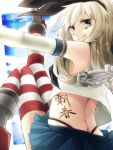  1girl blonde_hair elbow_gloves gloves hair_ornament kantai_collection long_hair looking_at_viewer panties personification shimakaze_(kantai_collection) skirt solo striped striped_legwear tattoo thighhighs translated underwear 