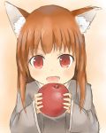  1girl animal_ears apple brown_hair fang food fruit holo long_hair open_mouth red_eyes shone simple_background smile spice_and_wolf wolf_ears 