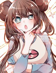  1girl blue_eyes blush breasts brown_hair donut_hair_bun double_bun hair_bun highres long_hair looking_at_viewer medium_breasts open_mouth pokemon pokemon_black_2_and_white_2 raglan_sleeves rosa_(pokemon) shirt solo to_camellia twintails upper_body 