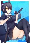  1girl black_hair black_legwear breasts eyepatch fingerless_gloves gloves highres kantai_collection large_breasts looking_at_viewer short_hair skirt solo stealthbird tenryuu_(kantai_collection) thighhighs thighs wavy_mouth yellow_eyes 