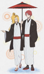  2boys alternate_hairstyle asymmetrical_bangs black_nails blonde_hair blue_eyes blush commentary_request deidara_(naruto) green_nails hair_over_one_eye happy hayamin35 high_ponytail highres holding holding_umbrella implied_yaoi japanese_clothes kimono long_hair looking_at_another male_focus multiple_boys naruto_(series) naruto_shippuuden obi official_alternate_costume oil-paper_umbrella open_mouth pointing ponytail red_eyes red_hair red_sandals sandals sash sasori_(naruto) short_hair simple_background umbrella white_kimono 