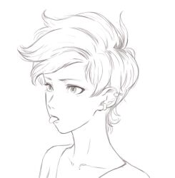  1girl collarbone commentary_request ear_piercing earrings jewelry jun_(navigavi) looking_to_the_side monochrome nose original piercing portrait shirt short_hair simple_background sketch solo tomboy tongue tongue_out white_background 