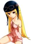  1girl bakemonogatari blonde_hair goggles helmet long_hair monogatari_(series) oshino_shinobu red_eyes shirosaki_rio strap_slip 