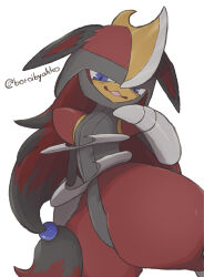 1other :3 absurdres animal_ears artist_name bisharp black_hair black_skin blue_eyes boroibyakko colored_skin commentary disguised_zoroark feet_out_of_frame grey_skin happy helmet highres long_hair looking_at_viewer low-tied_long_hair multicolored_hair multicolored_skin open_mouth other_focus pokemon pokemon_(creature) red_hair red_helmet red_skin signature simple_background smile solo standing thick_thighs thighs twitter_username two-tone_hair very_long_hair white_background wide_hips wolf_ears yellow_skin zoroark 